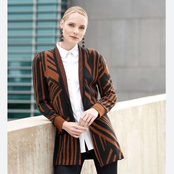 Ming Wang Geo Stripe Cozy Cardigan Brown and Black size Large - Picture 1 of 13